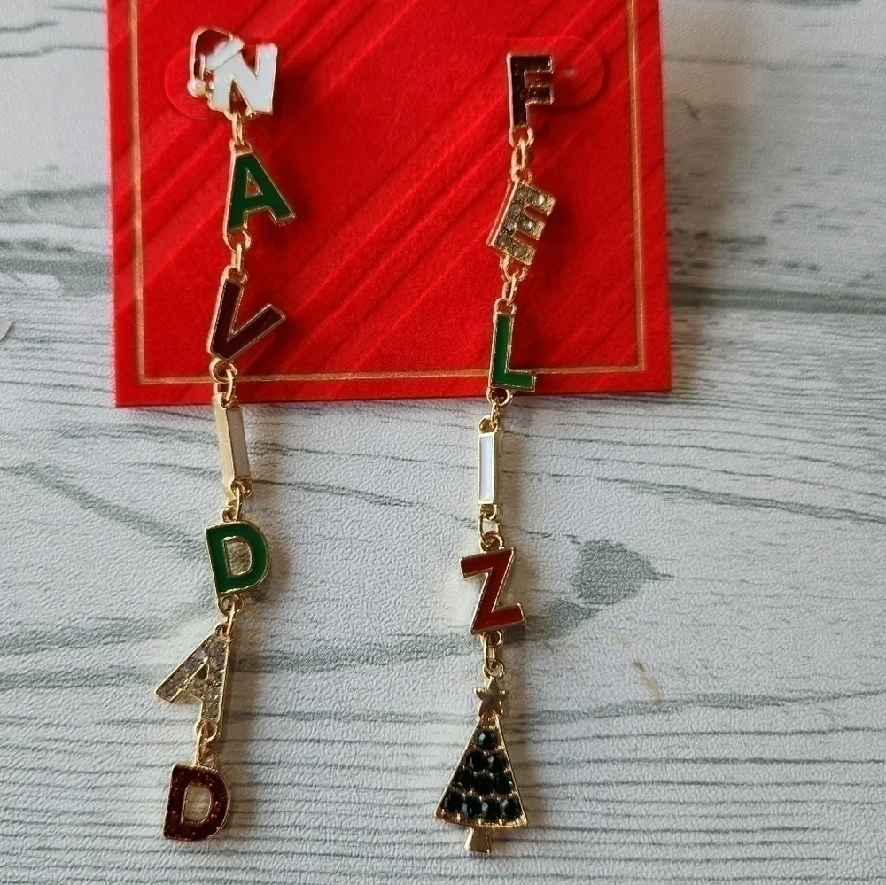 CRYSTAL and Glitter Gold Tone Linear Drop Christmas Feliz Navidad Earrings NWT